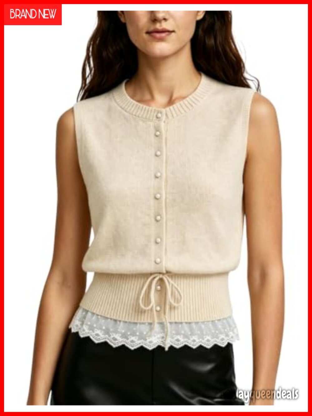 QIBABU Women's Button Down Sweater Vest Lace Hem Sleeveless Knit Cardigan